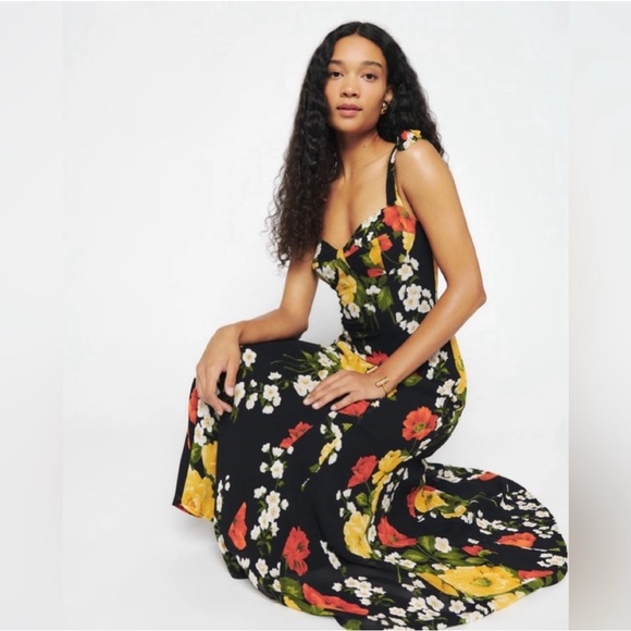 Reformation Nadira Midi Dress Louisa Floral Tie Straps Size 8 Black Vacay Beachy - Picture 4 of 15